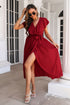 ruffled-surplice-tie-waist-slit-midi-dress Sophia's Trends - Sophia's Style-Burgundy-L